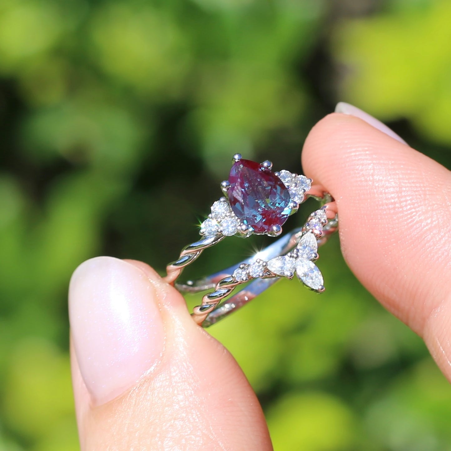 Alexandrite and Diamond Wedding Set, 18ct White Gold, size O or 7.25