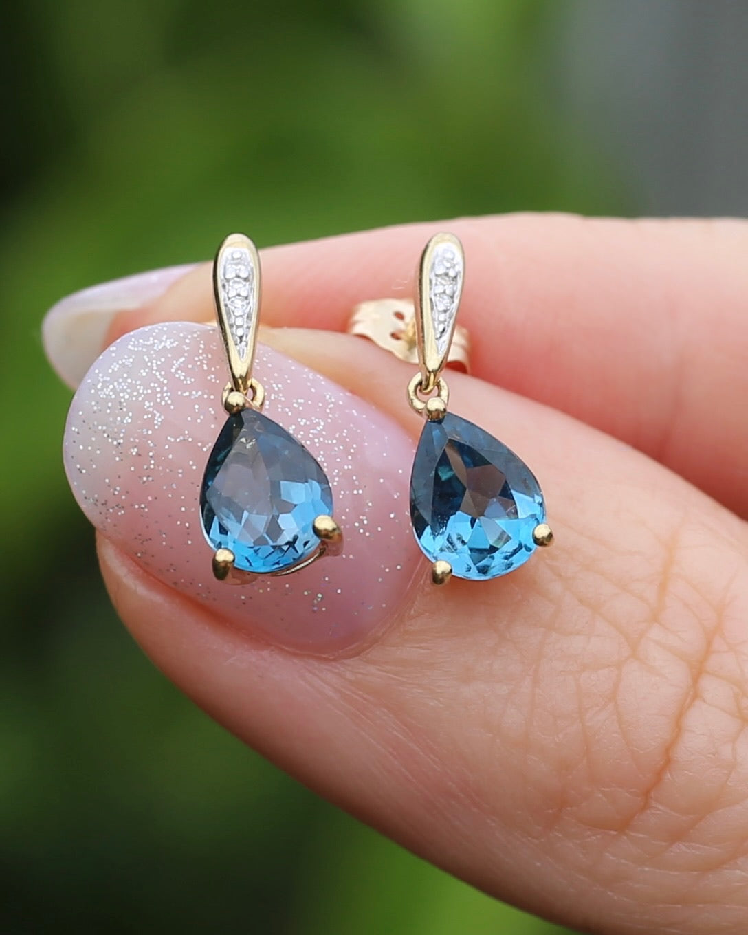 Pear Cut London Blue Topaz Earrings on Illusion Diamond Set Stud Posts, 9ct Yellow Gold, 14ct YG butterflies, 1.87g