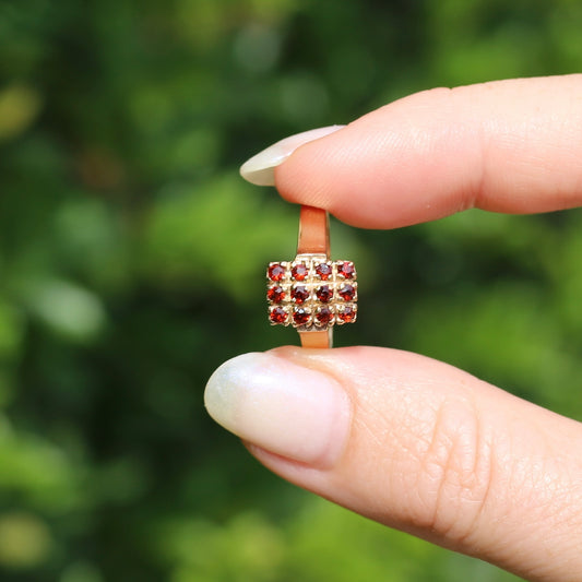 Old Cut 12 Stone Garnet Checkerboard Ring, size P or 7.75