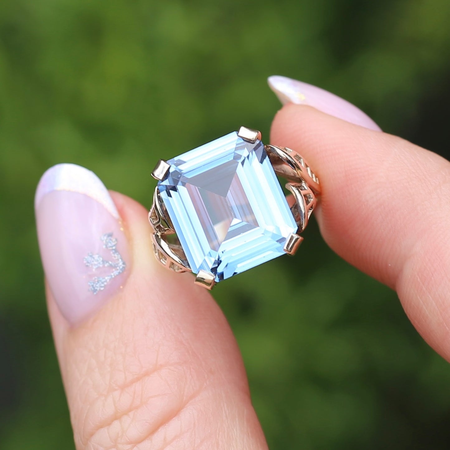 Mid Century Emerald Cut Blue Spinel Cocktail Ring, size N1/2 or 6.75