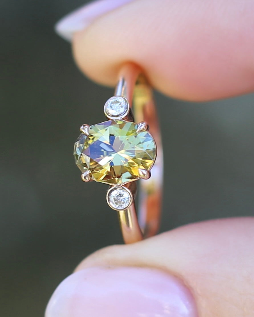 1.57ct Natural Golden Tanzanite Zoisite and Diamond Trilogy Ring, 14ct Rose Gold, size 8.75 or just over R, 3.3g, with valuation