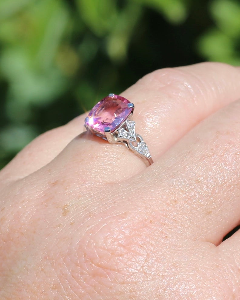 Pale Pink Tourmaline and Old Cut Diamond Shoulder Ring, 18ct White Gold and Platinum, size N or 6.75, 2.63g