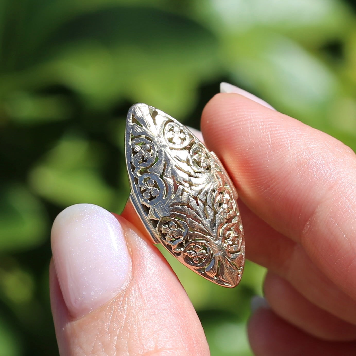 Hand Carved Navette Ring, 14ct Yellow Gold, size Q or 8.25g