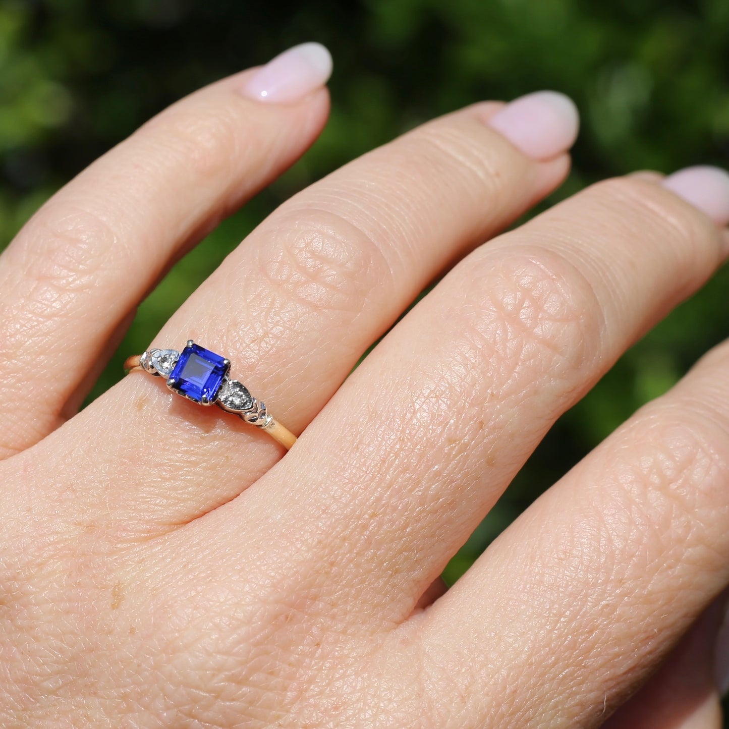 1930s Square Emerald Cut Blue Sapphire, 18ct Yellow and White Gold, size Q1/2 or just over 8.25