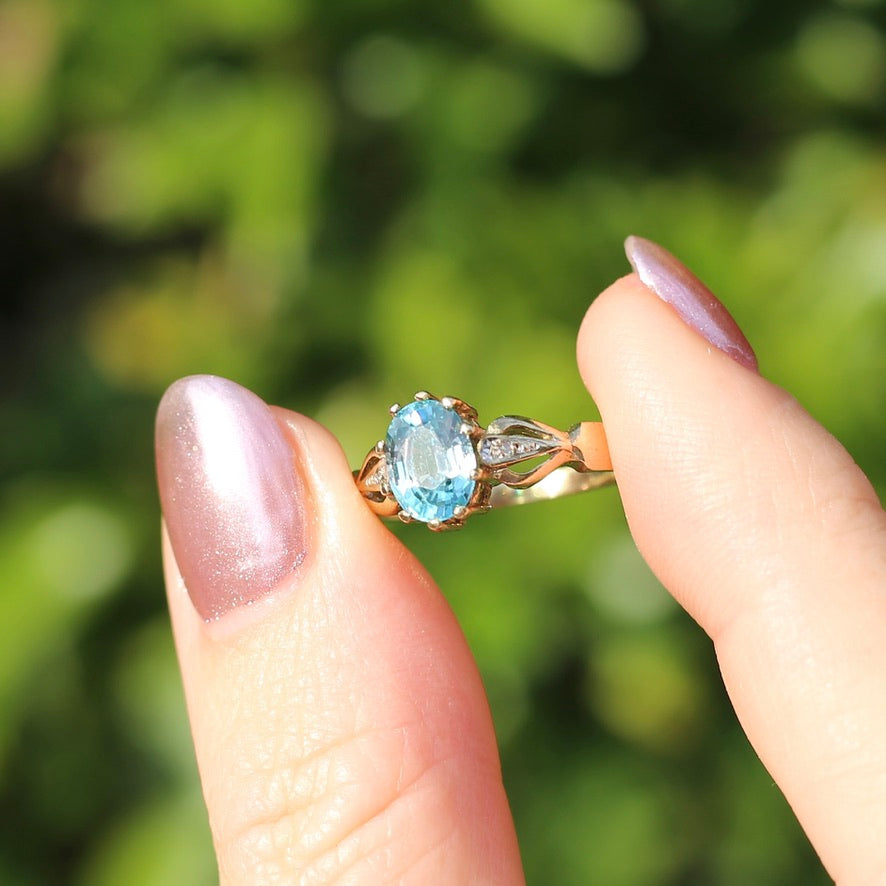 Oval Blue Zircon with Decorative Diamond Shoulders, size N or 6.75