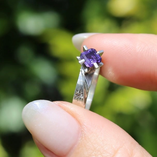 Retro 1970s Emerald Cut Purple Sapphire Ring, Sterling Silver, size M or 6