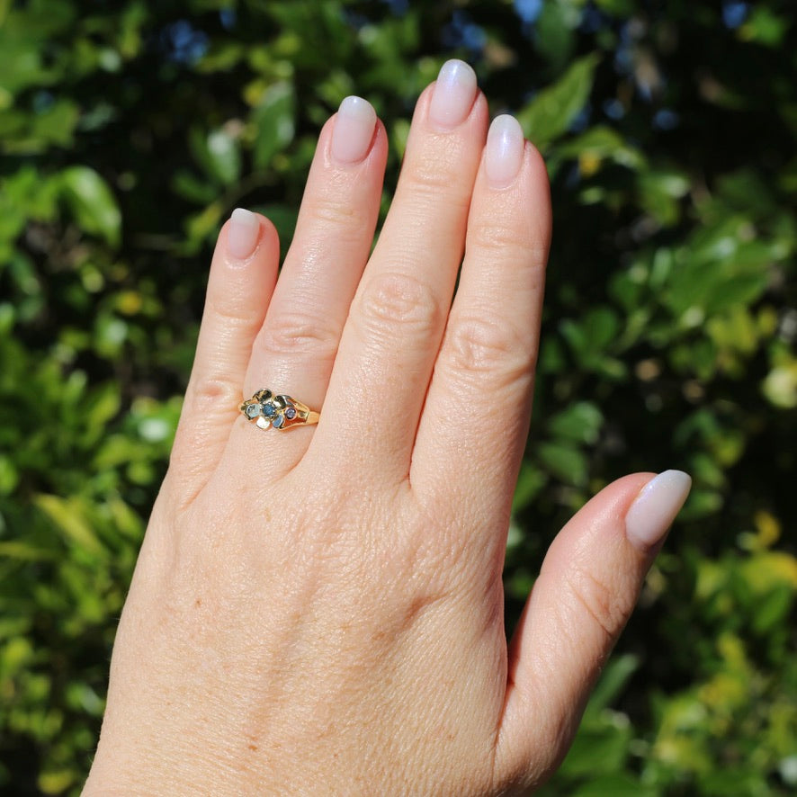 Unique Parti Sapphire and Diamond Flower Ring, 18ct Yellow Gold, size N or just over 6.5