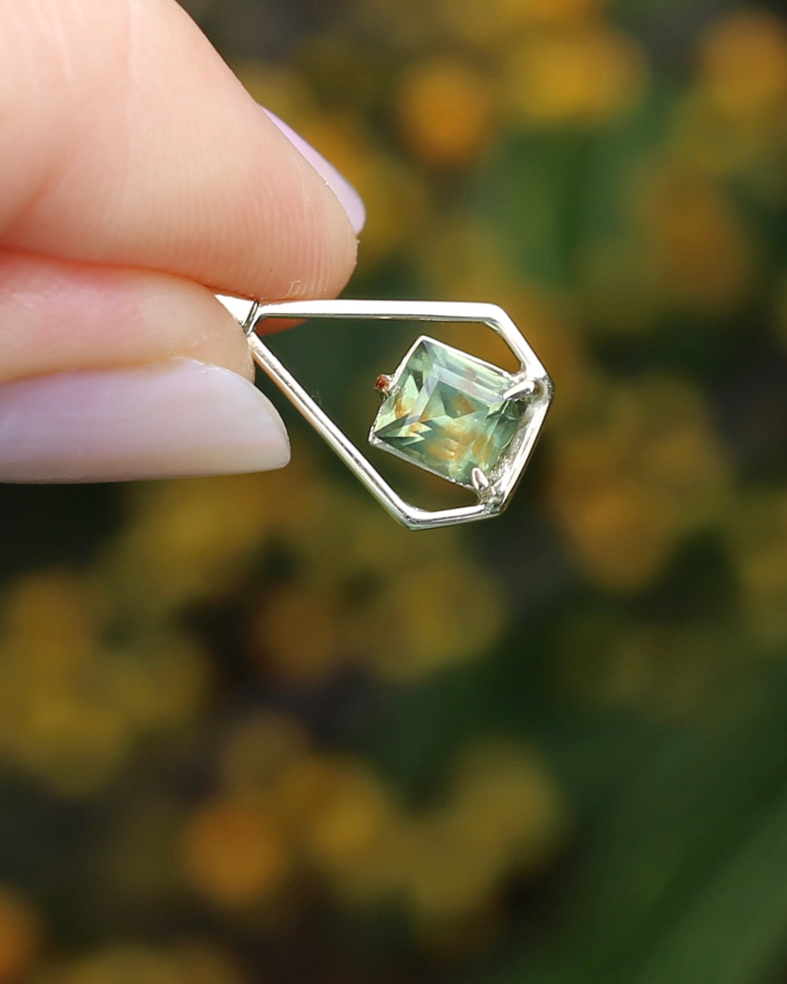 Modified Carre Cut Unheated Green Natural Sapphire in Handmade Vintage Pendant, 9ct Yellow Gold, 0.78g
