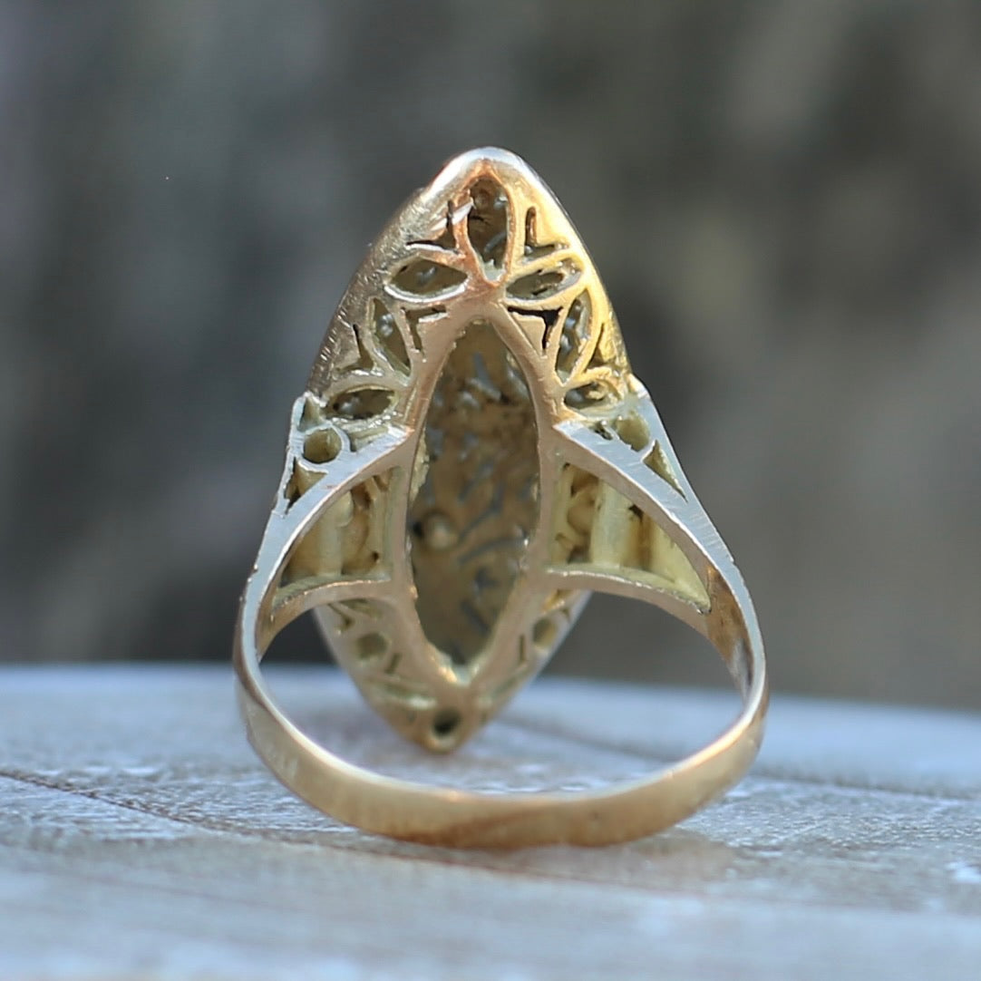 Hand Carved Navette Ring, 14ct Yellow Gold, size Q or 8.25g