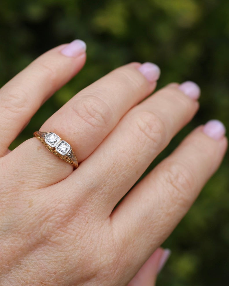Circa 1910 Antique Toi Et Moi Transitional Cut Diamond Ring, 18ct Yellow Gold and Platinum, size N or just over 6.5, 2.42g, with valuation