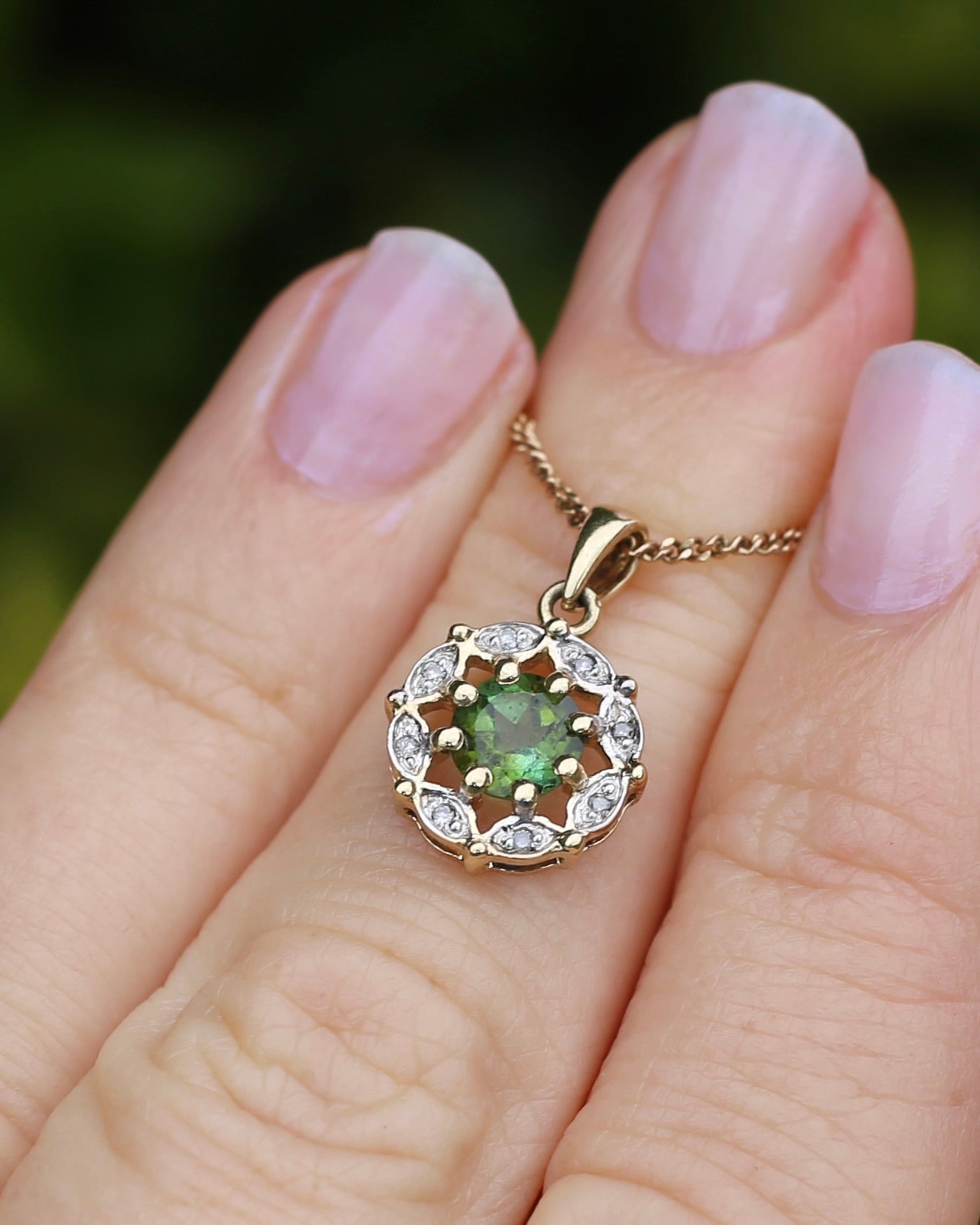 Vintage 0.7ct Green Tourmaline and Diamond Pendant, 9ct Yellow Gold, 1.15g