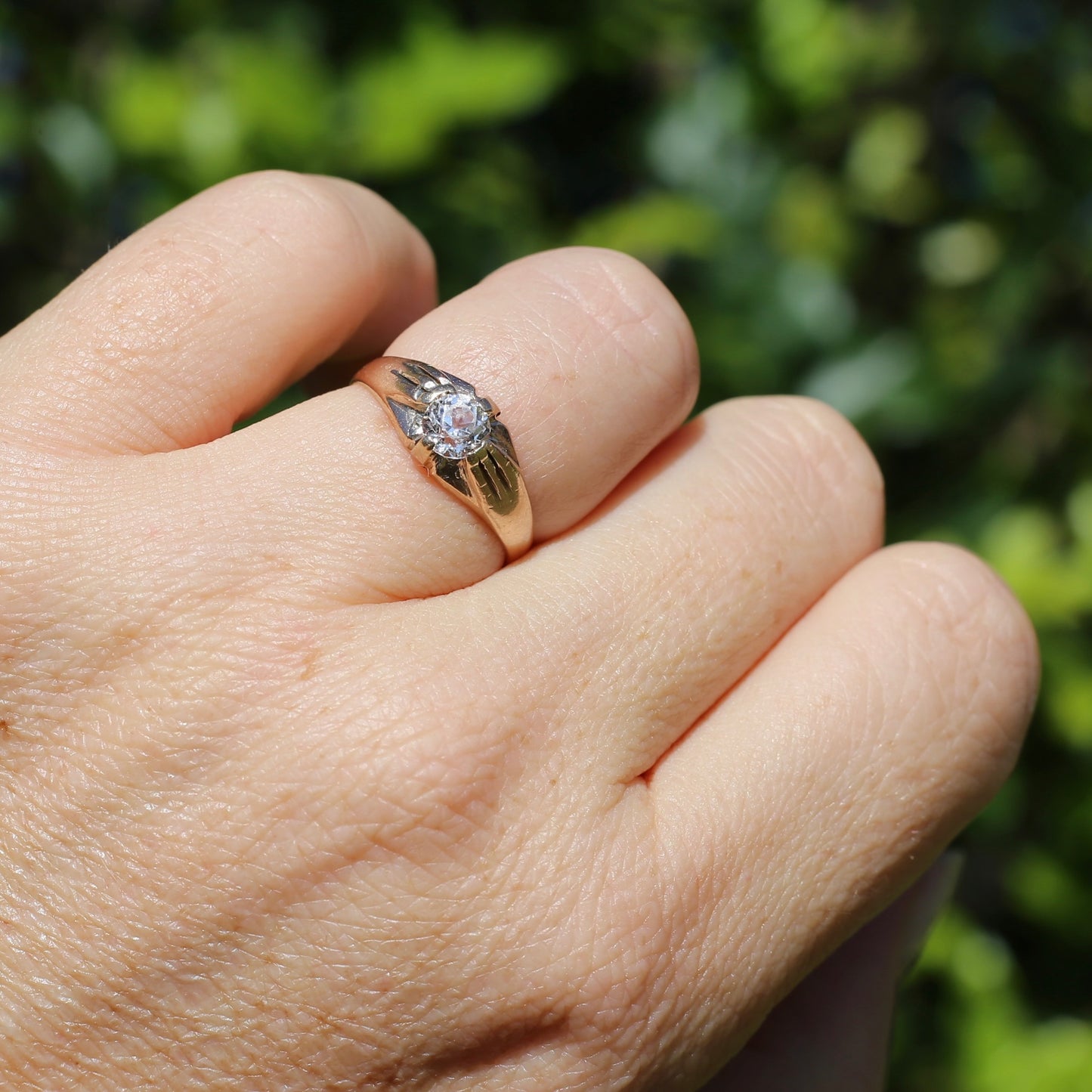 Hand Cut White Sapphire in 15ct Old Gold Ring, size N1/2 or just under 7