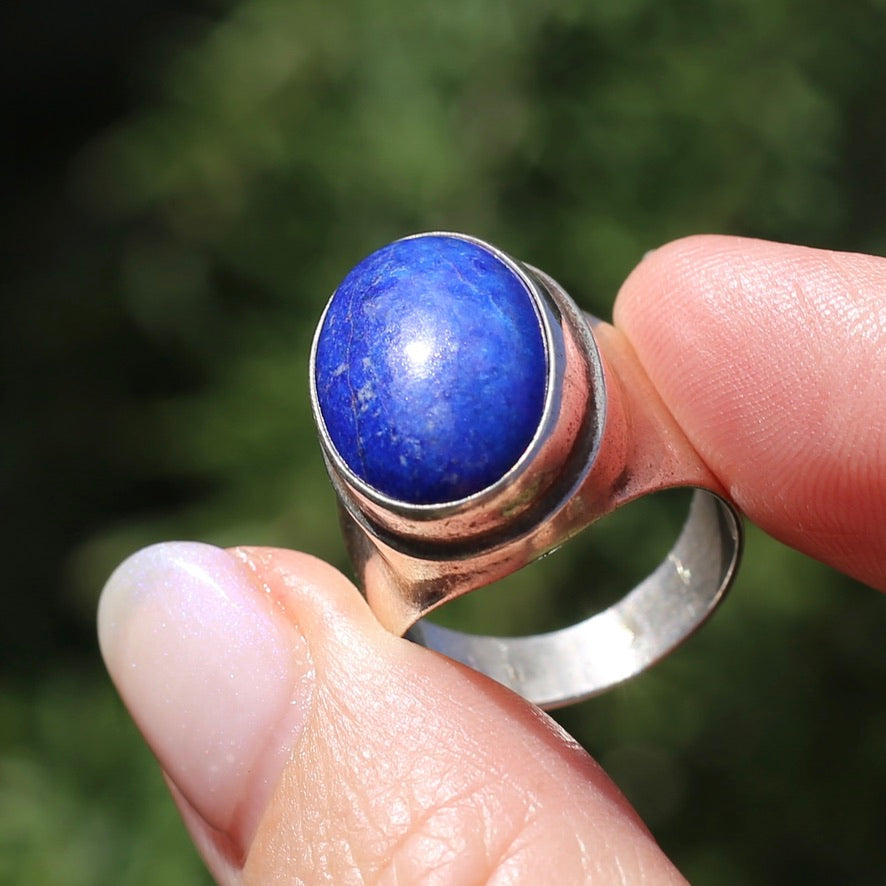 Large Lapis Cabochon in Silver Bezel Setting, size P1/2 or just under 8