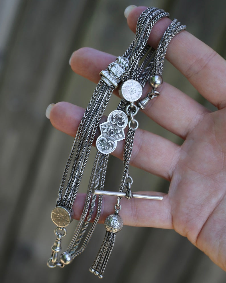 Antique 1901 Double Albertina Necklace with T-bar and Tassel, Sterling Silver, 43.75g