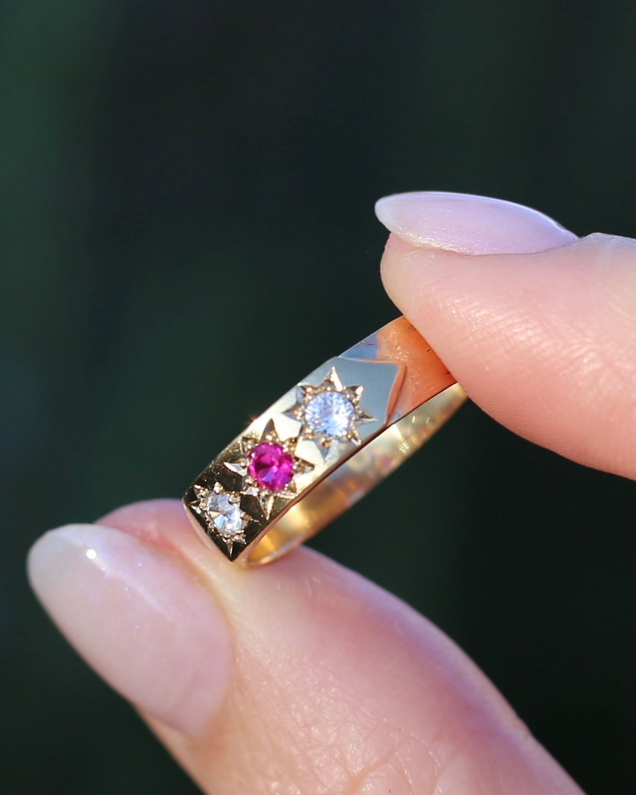 1873 15ct Band with 18ct Trilogy Old Cut Star Set Addition, 15 & 18ct Gold, size R1/2 or 8.75 (fits slightly smaller)