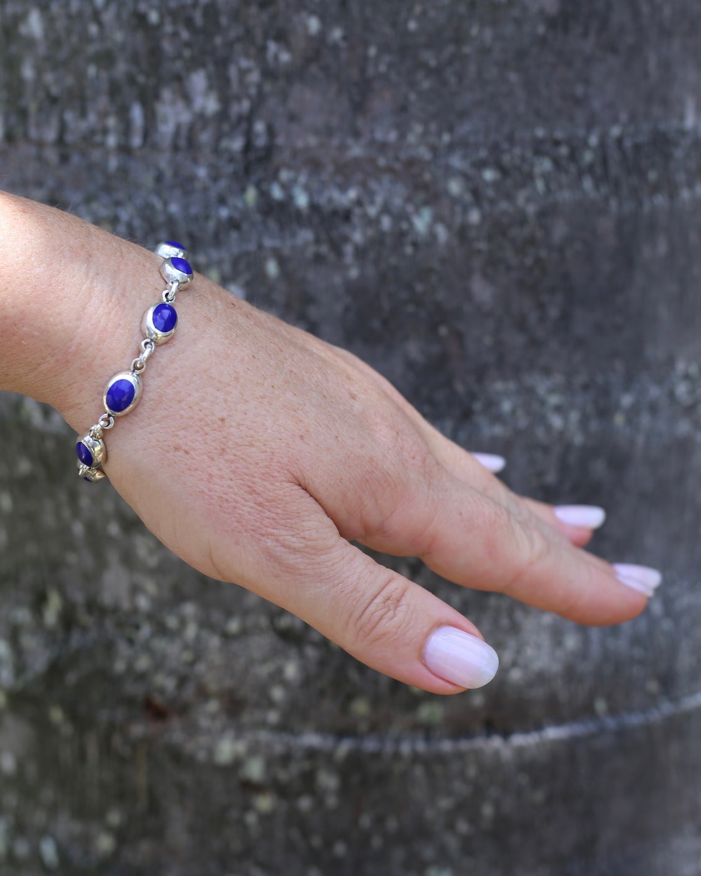 Vintage Mexican Bezel Set Lapis Bracelet, 7.75 inches or 19.5cm, 21.27g