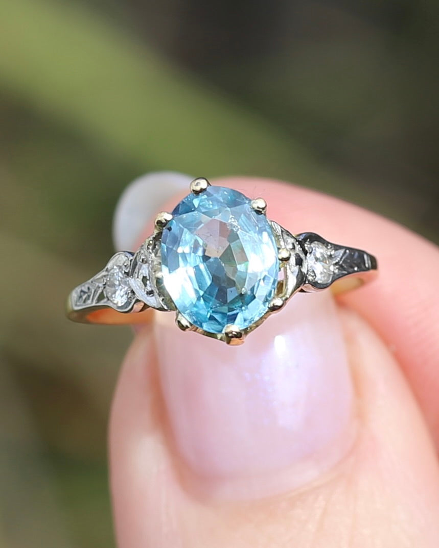 Circa 1930s Art Deco Blue Zircon and Diamond Ring, 18ct size just over M1/2 or 6.5, 2.80g