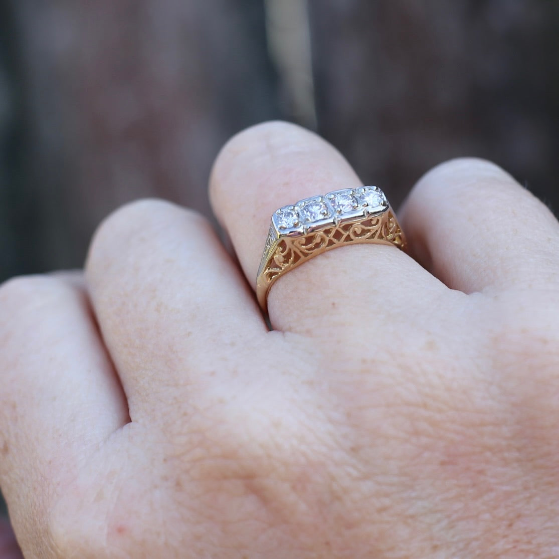 Circa 1915 4 Stone Transitional Cut Diamond Mixed Metal Ring, 18ct Yellow & White Gold, size N1/2 or 7, with valuation