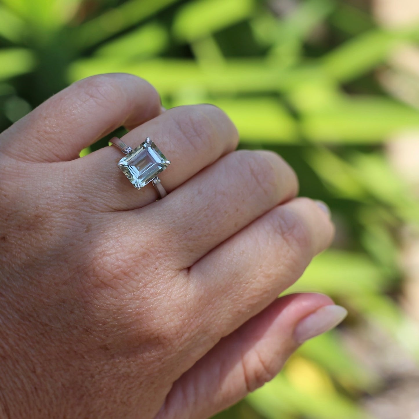 Emerald Cut Prasiolite and Diamond Ring, 9ct White Gold, size P or 7.75