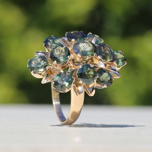 Brutalist Natural Green Sapphire Retro Ring, 14ct Yellow Gold, size 8 or Q