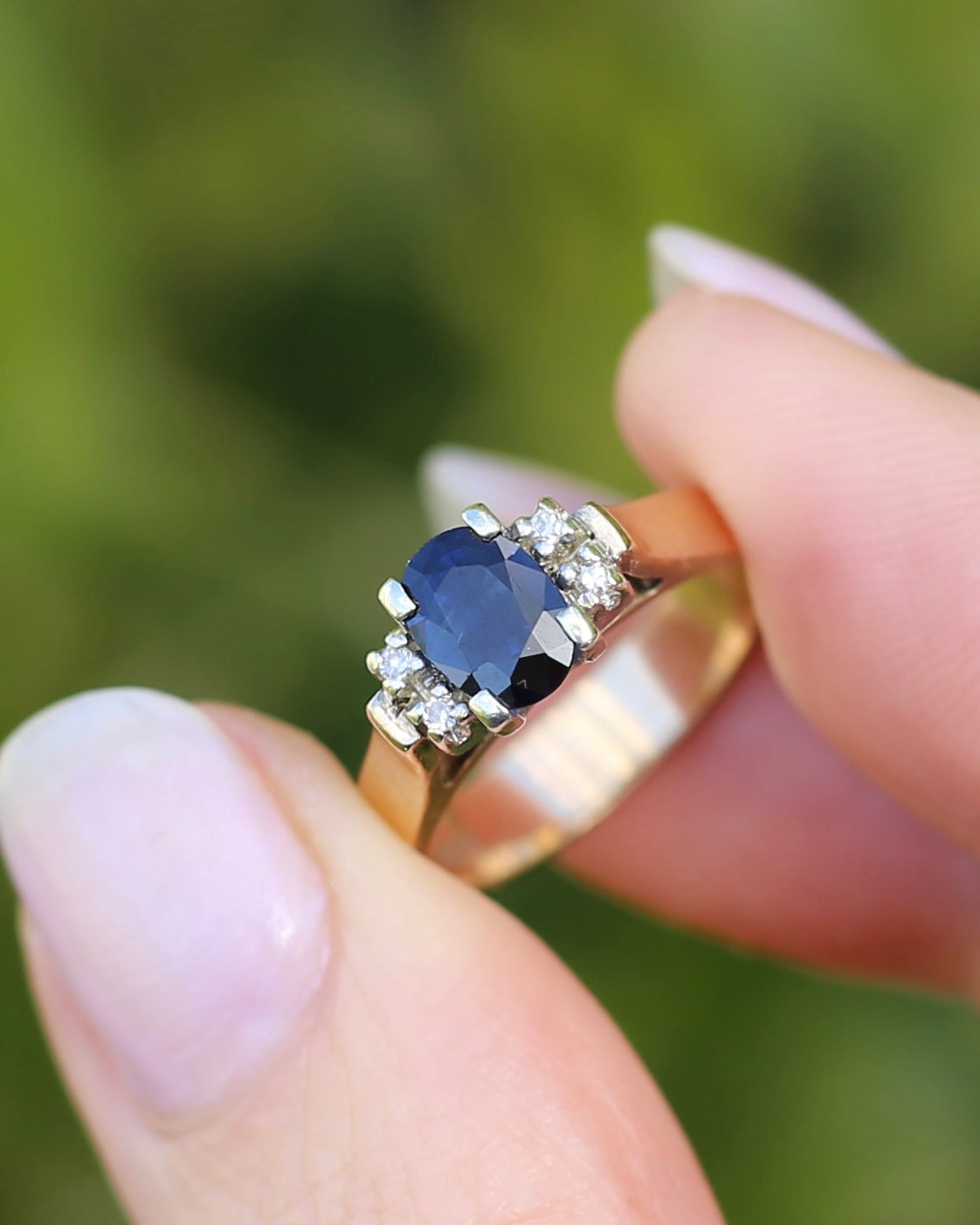 Circa 1970s Natural Sapphire and Diamond Ring, 9ct Yellow and White Gold, size M or 6.25, 4.19g