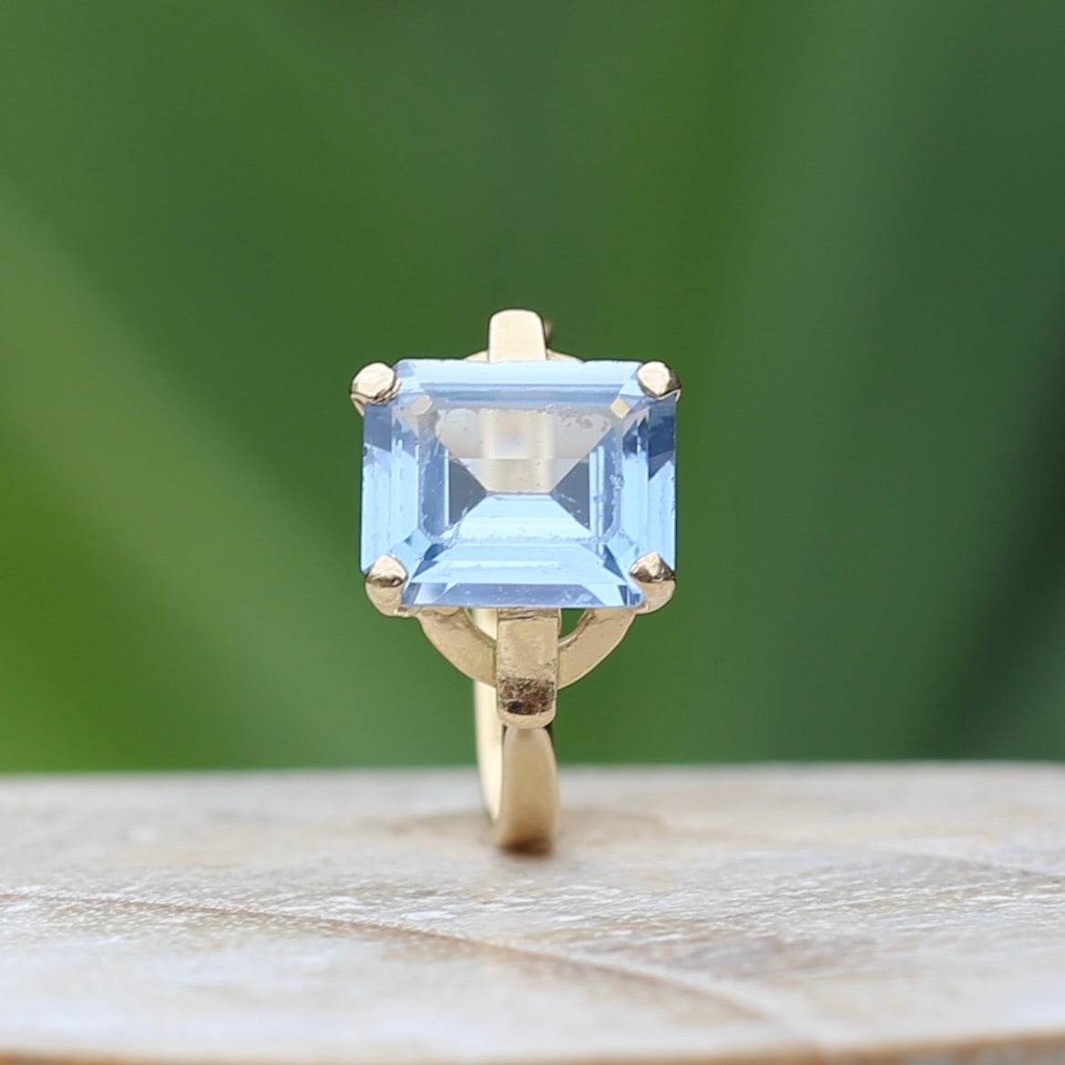 Emerald Cut Synthetic Blue Spinel in Gorgeous Art Deco Setting, 14ct Yellow Gold, size O or 7.25