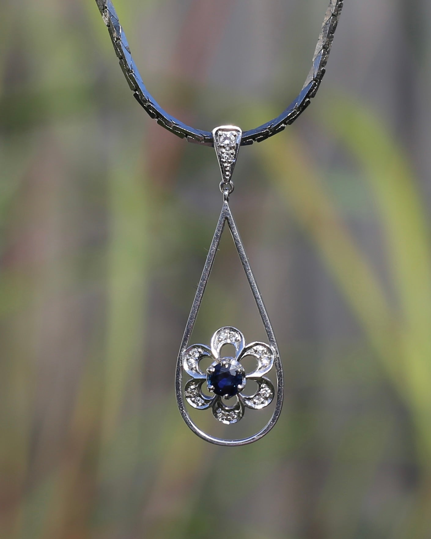 Vintage Natural Sapphire and Diamond Pendant, 18ct White Gold, 2.64g