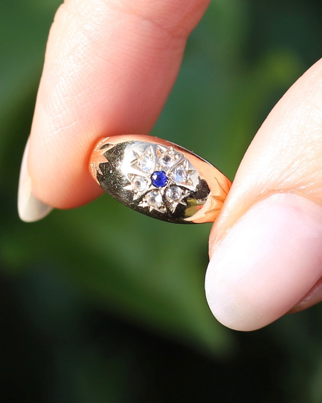 Vintage 1994 Birmingham Made Sapphire and White Stone Floral Cluster in Domed Ring, 9ct Yellow Gold, size J1/2 or 5