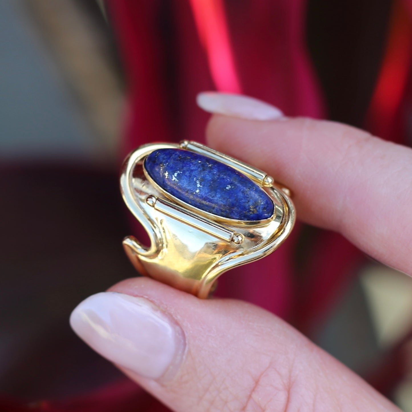 18ct Gold and Lapis Lazuli Cabochon Cuff Ring, size O but sizeable