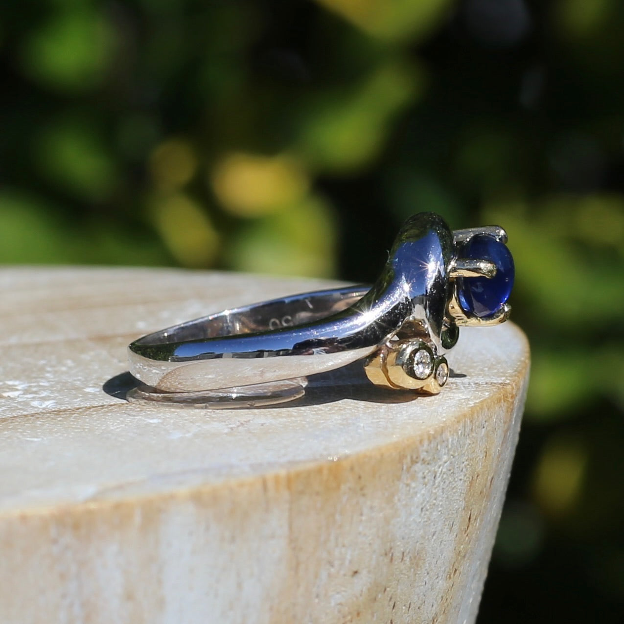 Chunky Asymetrical Mixed Metal Pear Sapphire Cabochon and Diamond ring, 18ct Yellow and White Gold, size 7.5 or just over O1/2