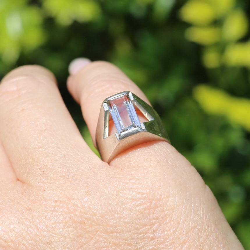 Mid Century Semi Bezel Set Emerald Cut White Spinel, Sterling Silver, size L or 5.75