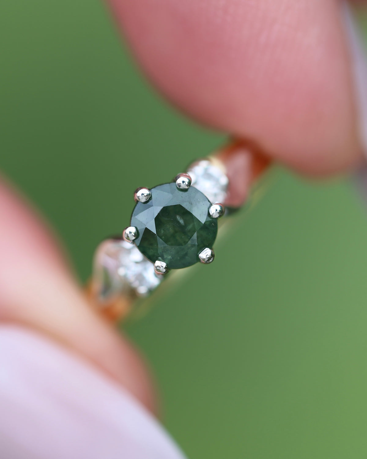 1ct Natural Green Sapphire Ring with White Spinel Side Stones, Silver and 9ct Yellow Gold, size M or 6.25, 2.1g