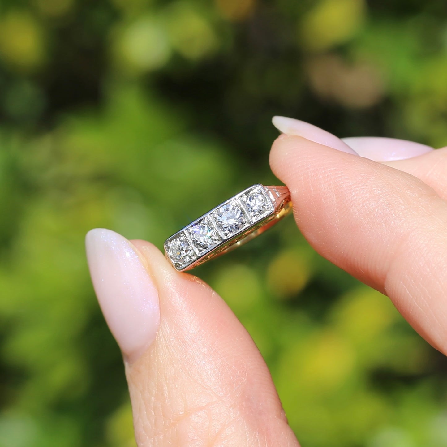 1930s 4 Stone Transitional Cut Diamond Mixed Metal Ring, 18ct Yellow Gold & Platinum, size M or just bigger than 6