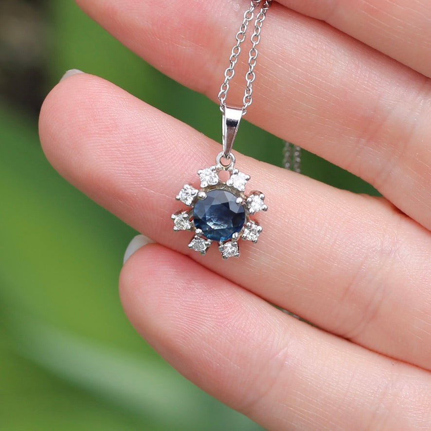 1.15ct Sapphire and Diamond Pendant, 14ct White Gold, with 9ct White Gold Chain