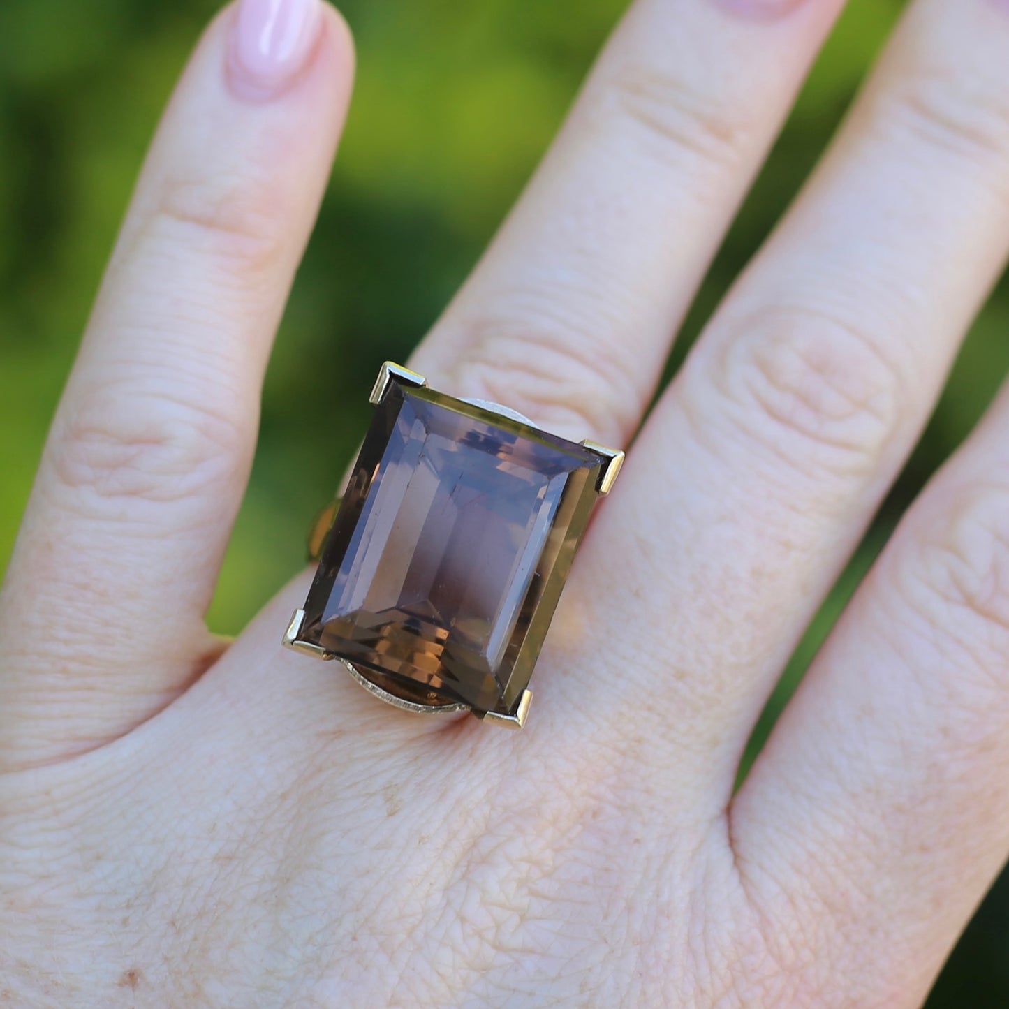 Mid Century 36ct Princess Cut Smoky Quartz Cocktail Ring, 9ct Yellow Gold, size N1/2 or 6.75