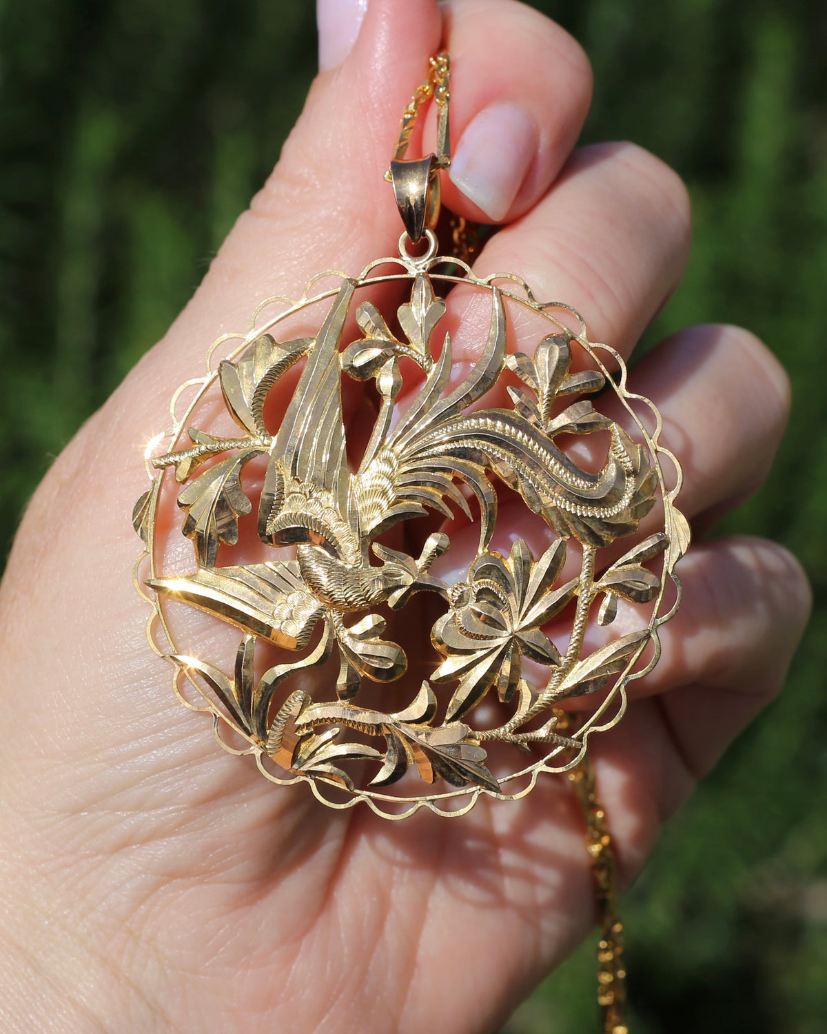Vintage Chinese Fenghuang (Chinese Phoenix) and Floral Openwork Pendant and Chain, 22ct Gold, 24.34g combined