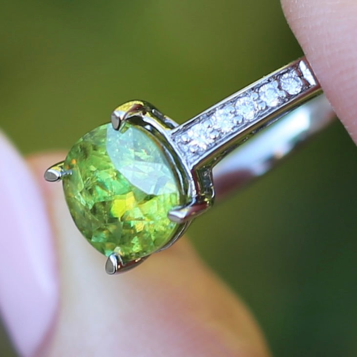 4.11ct Green Zircon and Diamond Ring, 14ct White Gold, size N1/2 or 7, with valuation