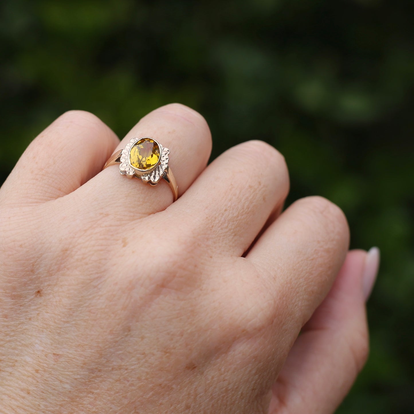 1994 Yellow Sapphire With Detailed Edges, 9ct Yellow Rosey Gold, size P or 7.5