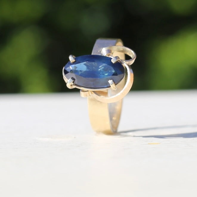 1980s 4ct Australian Parti Sapphire Retro Ring, 9ct Yellow Gold, size X or 11.5 (easily sizeable) with valuation