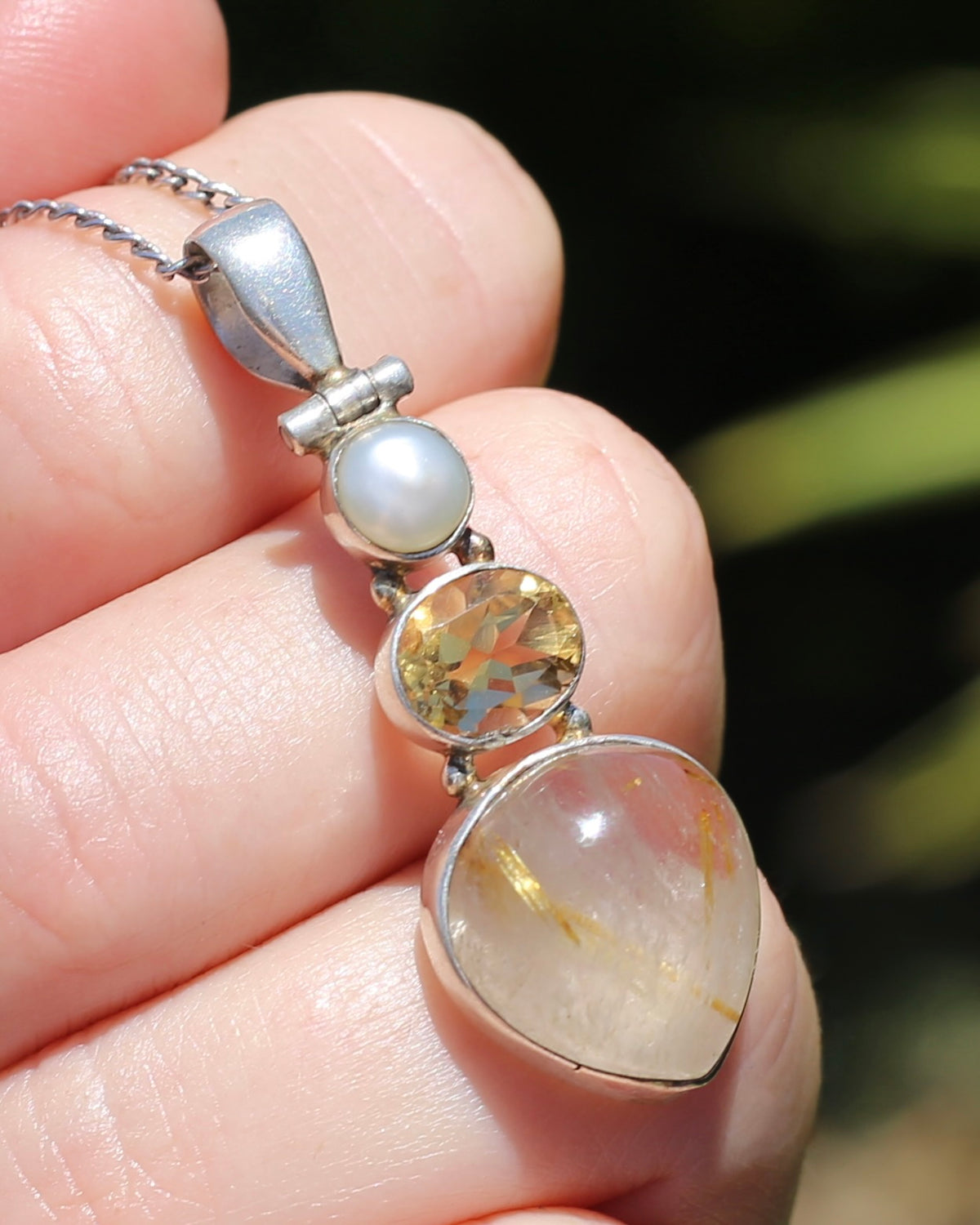 Freshwater Pearl, Citrine and Rutilated Quartz Cabochon Pendant, Sterling Silver, 6.0g