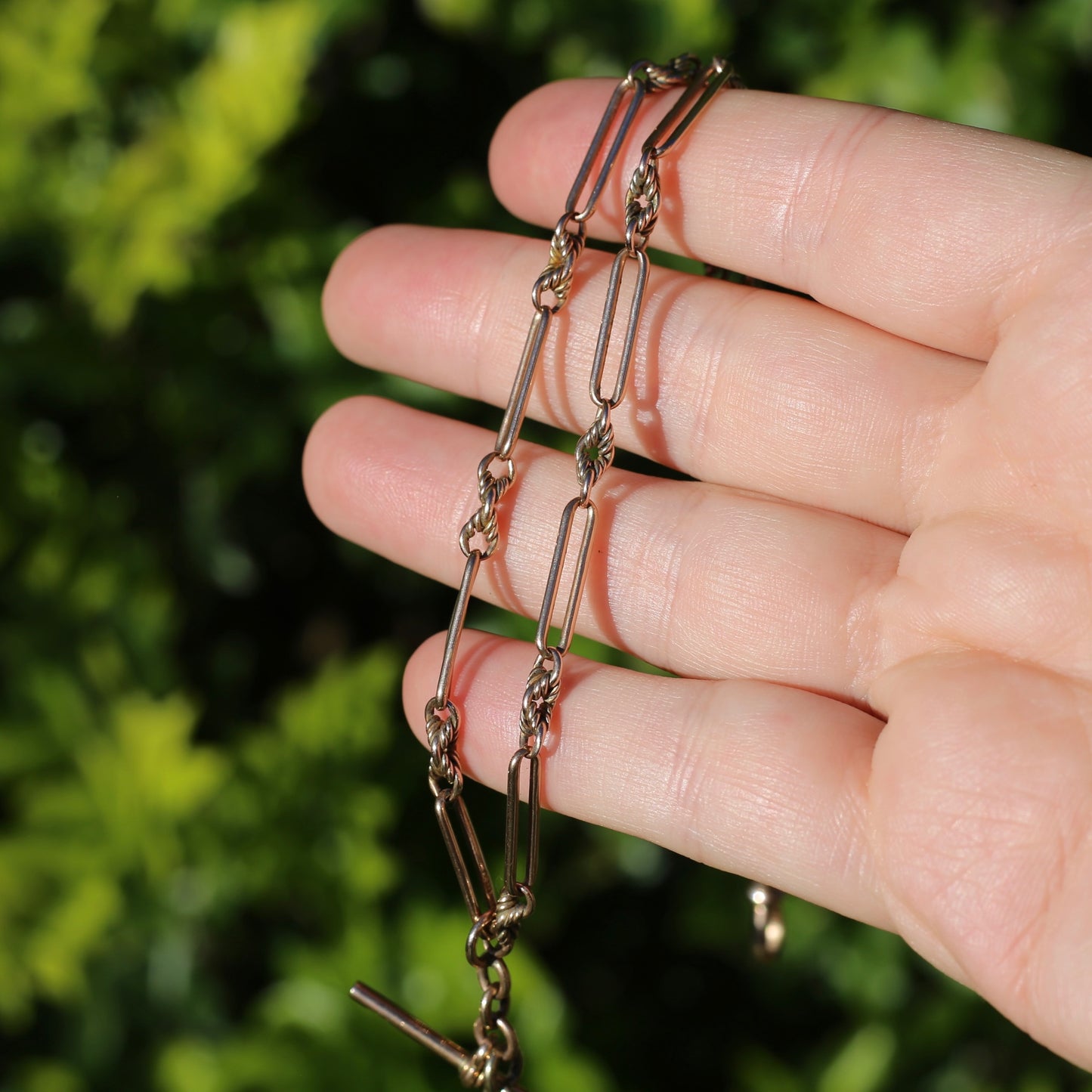 Old Rosey Gold Fancy Link Watch Chain with sliding T-bar and Spinning Fob, 9ct Old Rosey Gold, 19.63g