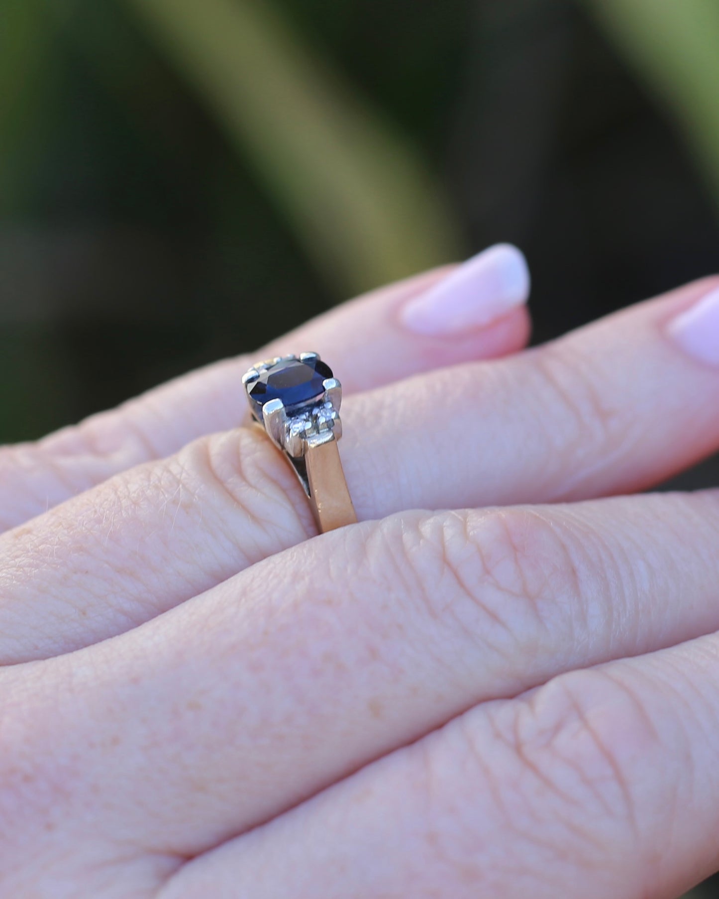 Circa 1970s Natural Sapphire and Diamond Ring, 9ct Yellow and White Gold, size M or 6.25, 4.19g