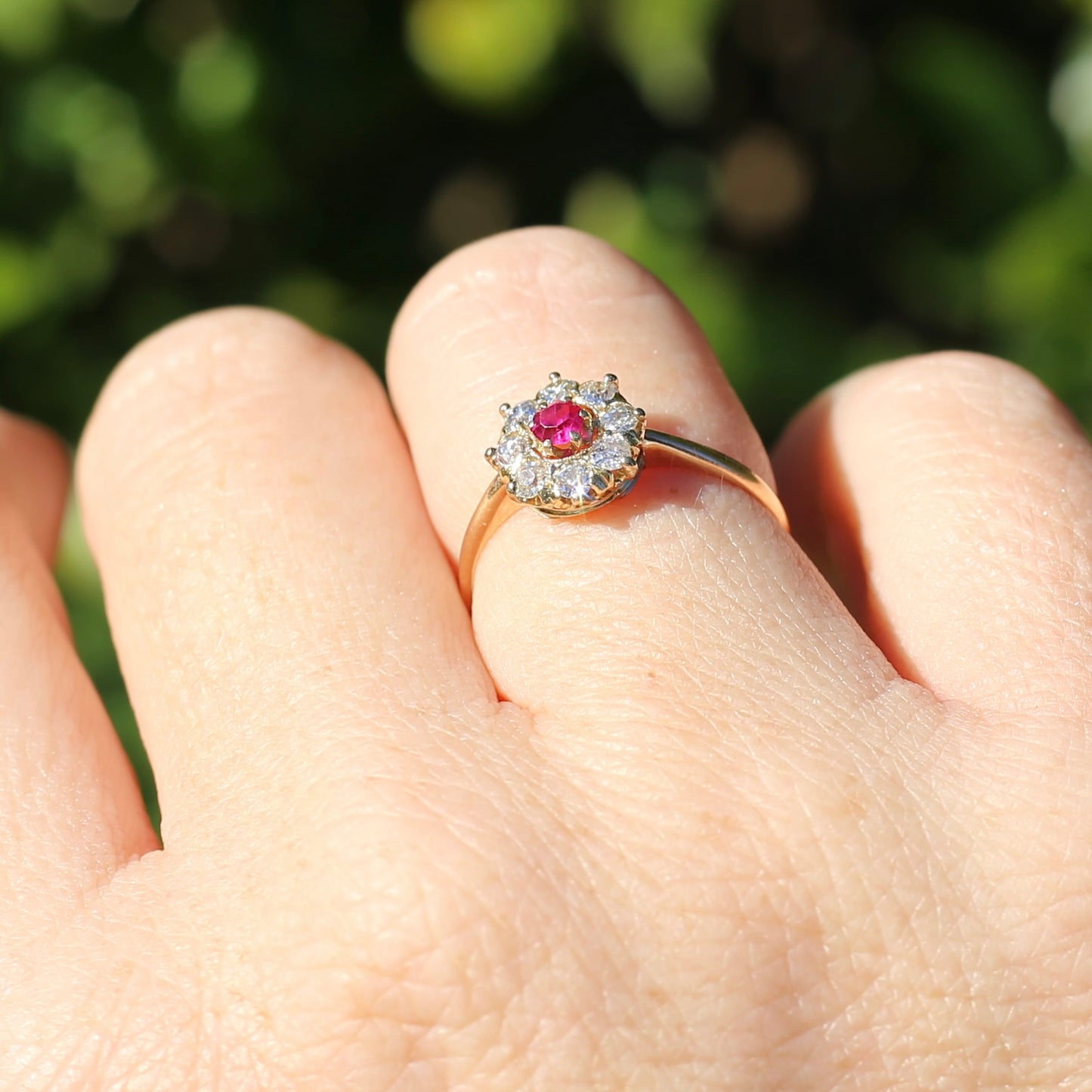 Antique Ruby and Old Cut Diamond Cluster, 15ct Yellow Gold, size O or 7.25 with valuation