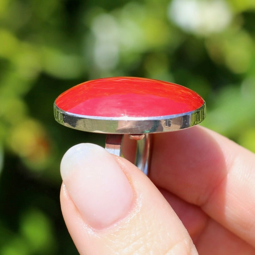 Large Red Oval Cabochon Resin ring, sterling silver, size O or 7.25