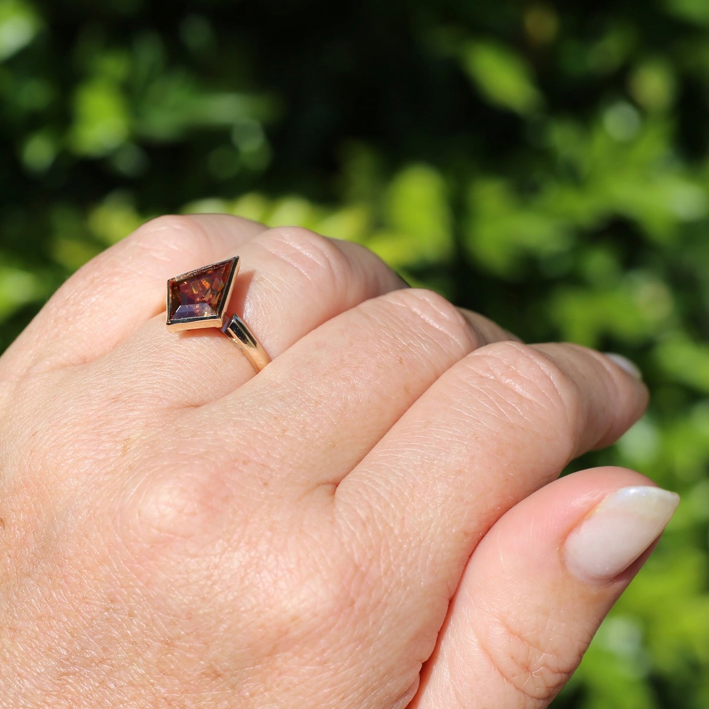 Custom Cut 4ct Kite Brown Zircon, Bezel Set, 9ct Yellow Gold, size 7 or O