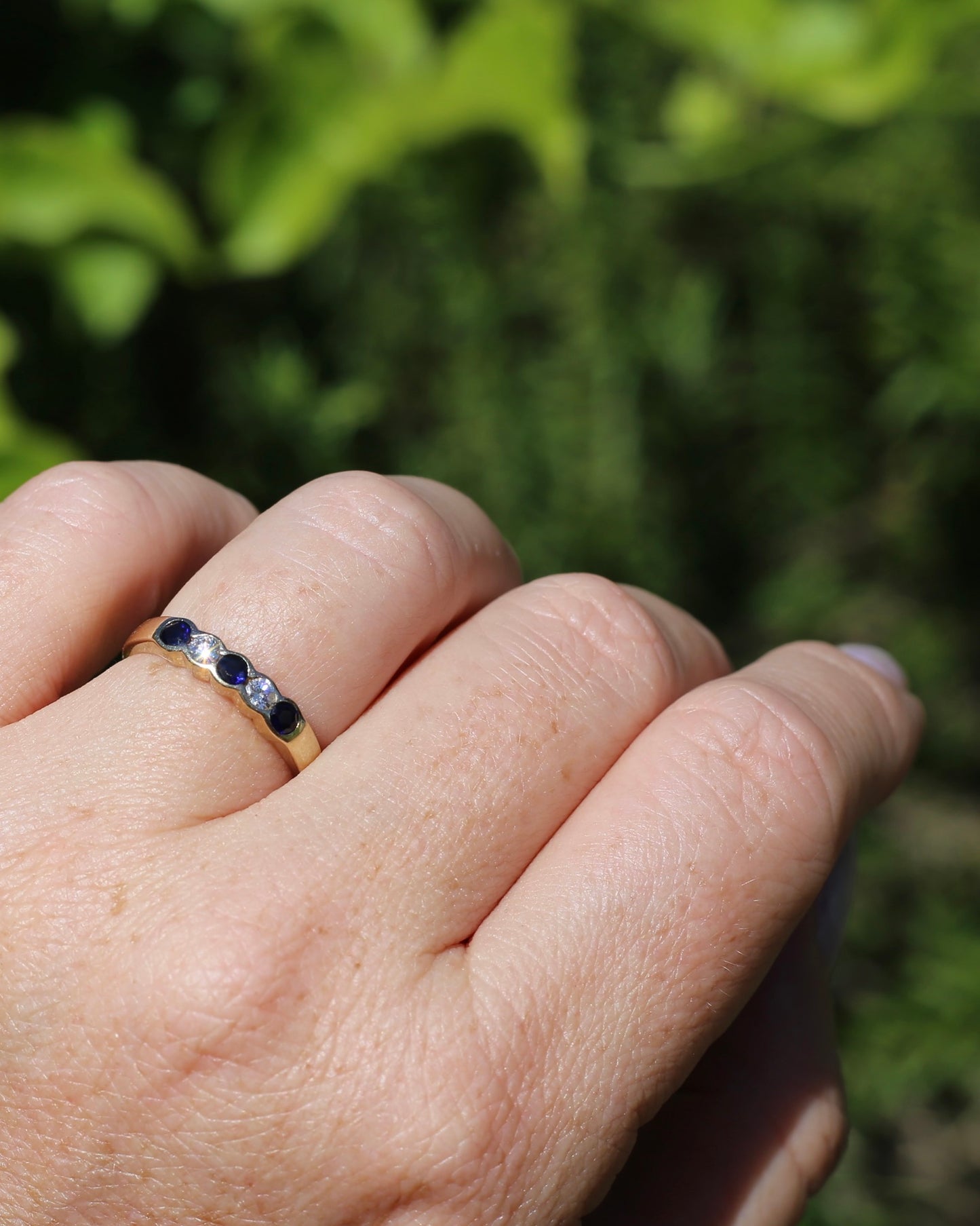 Second Glance - Five Stone Sapphire and Diamond Semi Bezel Ring, 9ct Yellow Gold, approx size N or 6.75 with Arthritis Balls, 2.42g