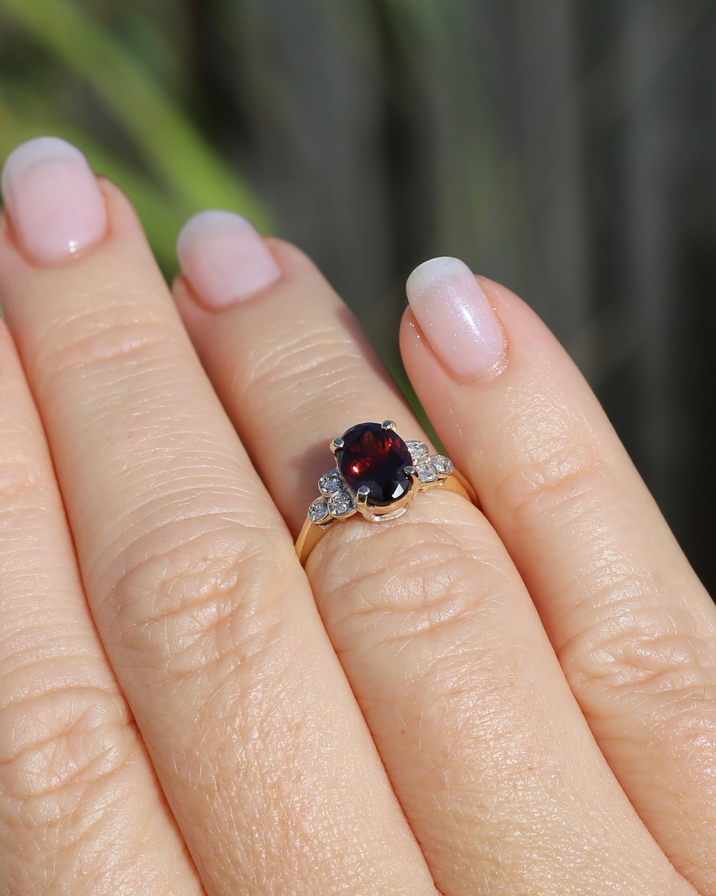 2.45ct Deep Red Whisky Zircon and Diamond RIng, 9ct Yellow Gold, size L or 5.75, 2.33g