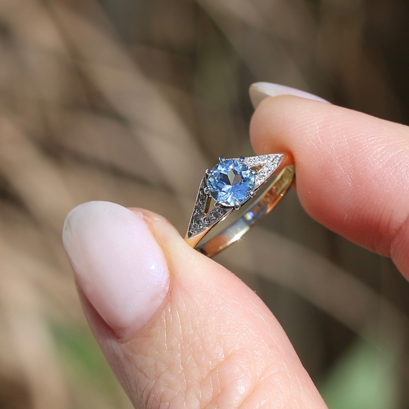 Pristine Early Australian 1930s Dunklings Blue Zircon & Diamond RIng, size L or just over 5.5