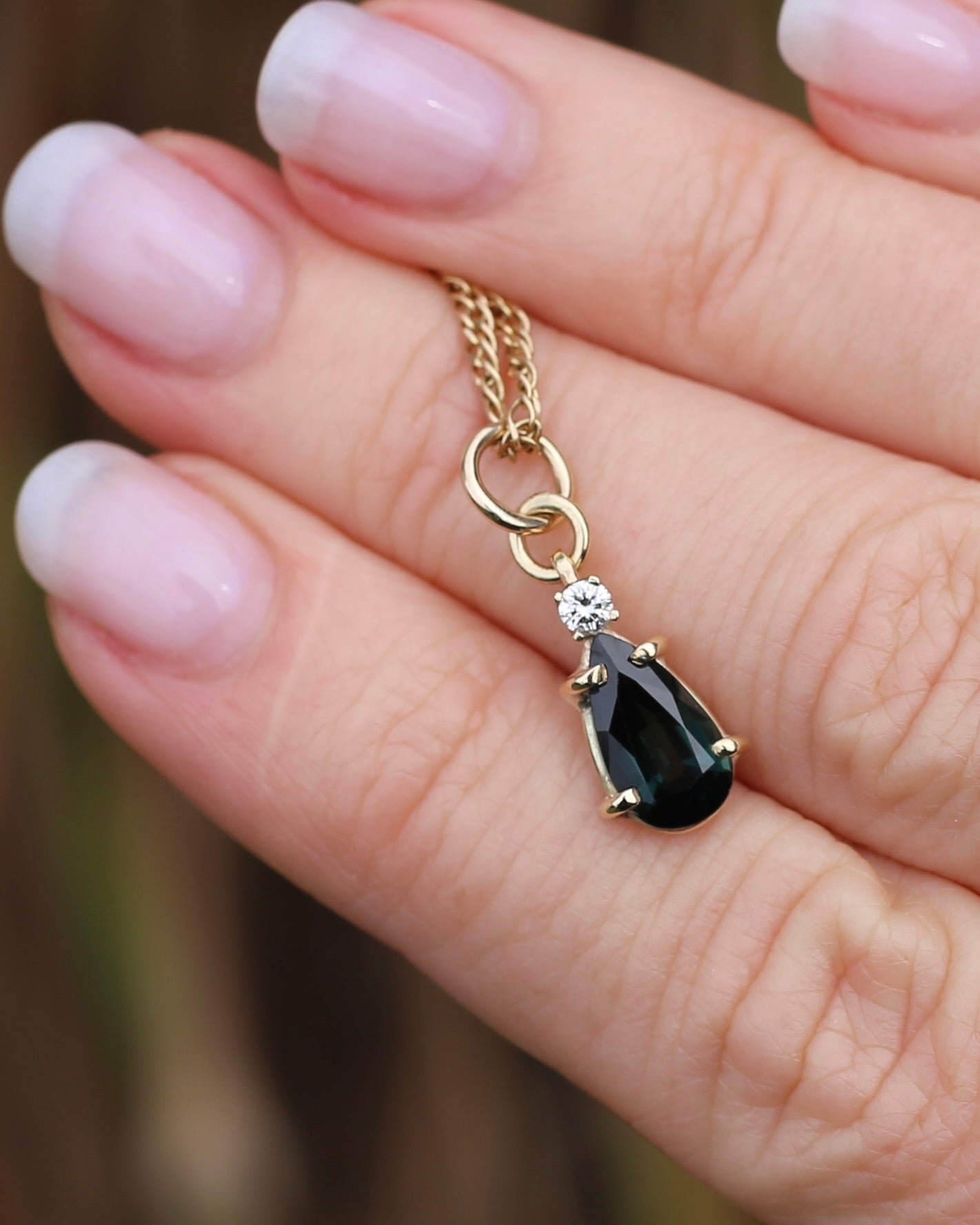 Pear Shaped Natural Teal Pear Sapphire and Diamond Pendant, 9ct Yellow Gold, 1.08g