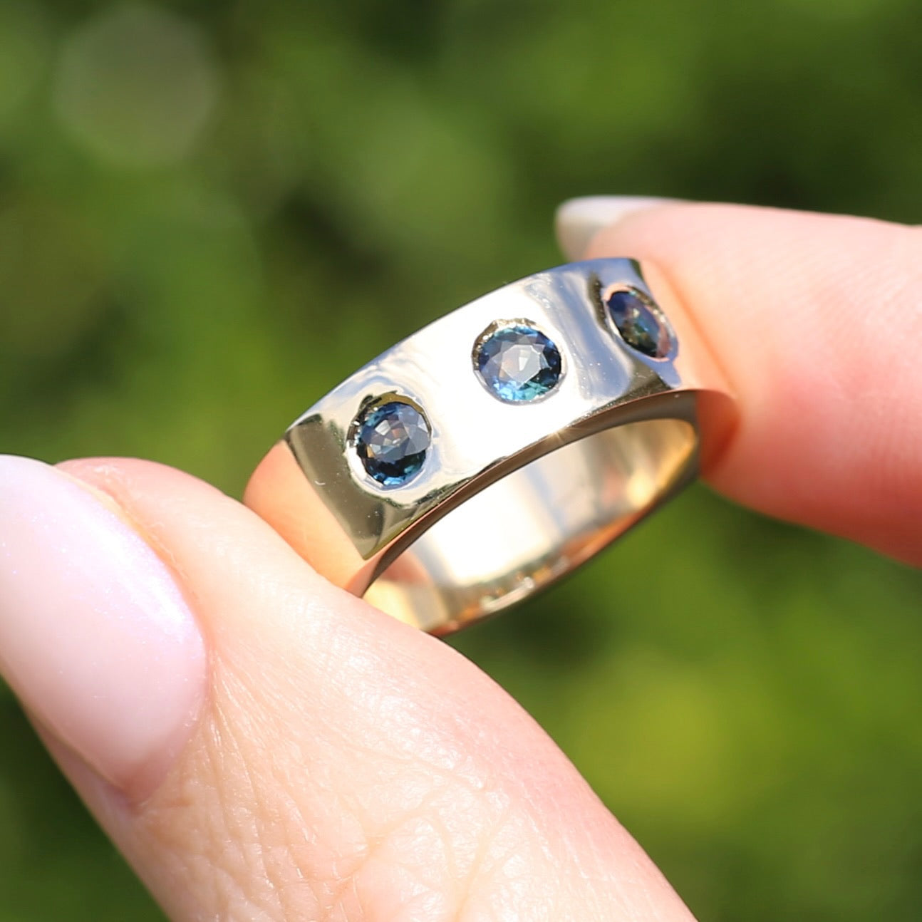 Custom Reclaimed Gold Chunky 9ct Rings with 4mm Parti Sapphires